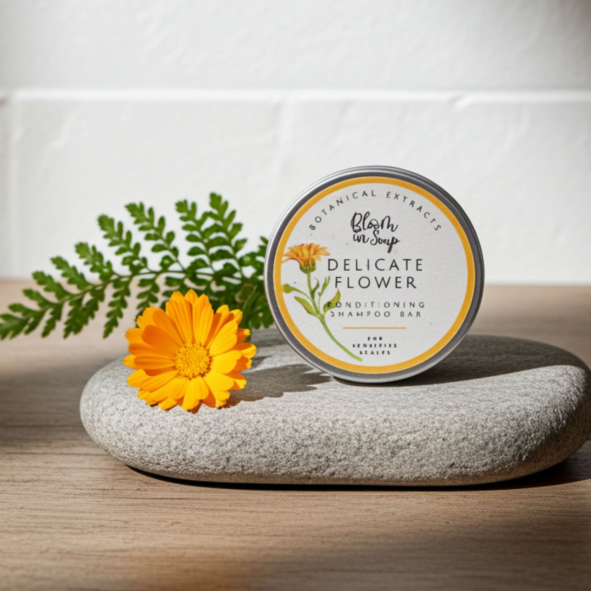 a shampoo bar in a tin sitting on a stone with a calendula flower