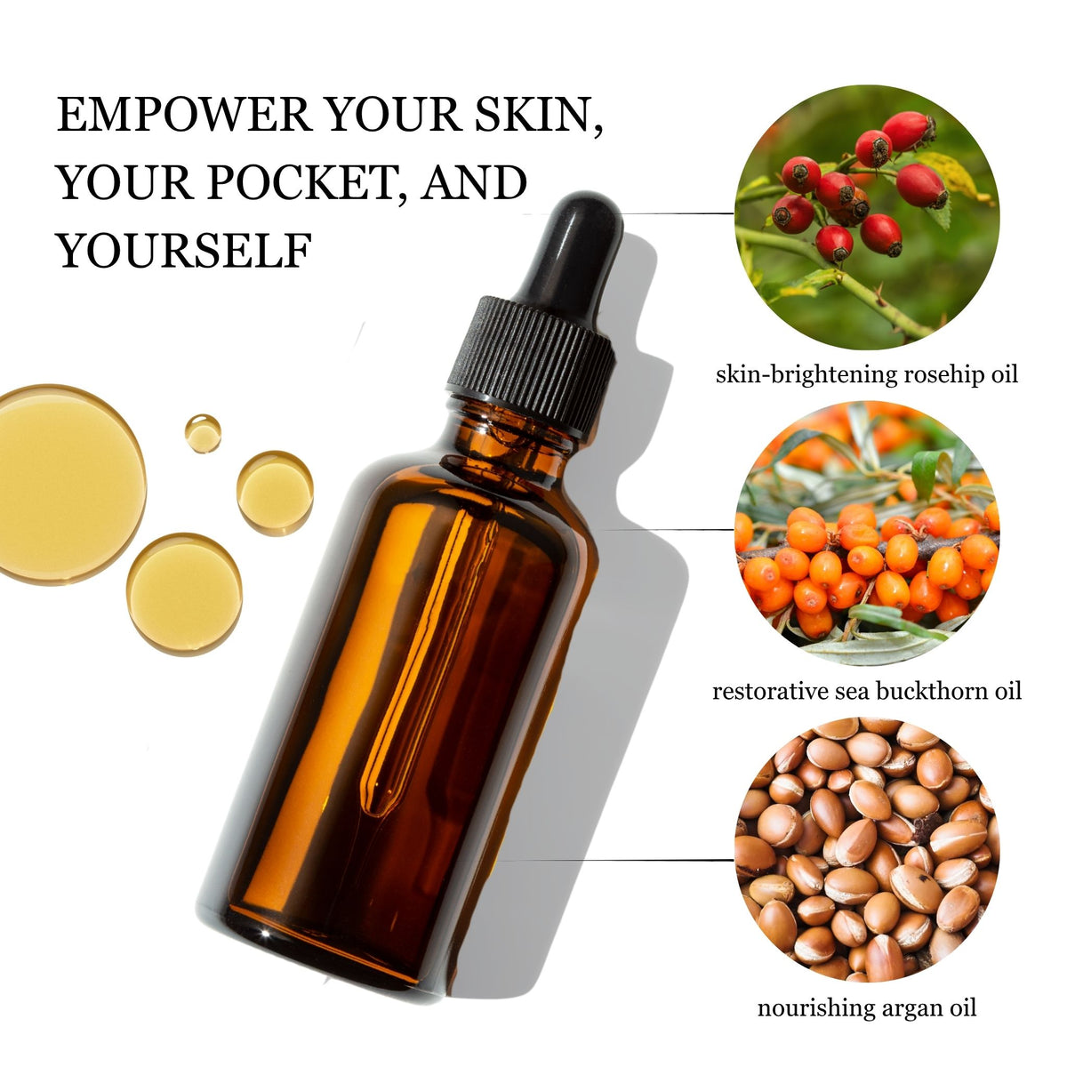 An amber glass dropper bottle with a black cap, shown on a white background with three circular ingredient photos and text reading 'EMPOWER YOUR SKIN, YOUR POCKET, AND YOURSELF,' plus labels for skin-brightening rosehip oil, restorative sea buckthorn oil, and nourishing argan oil.