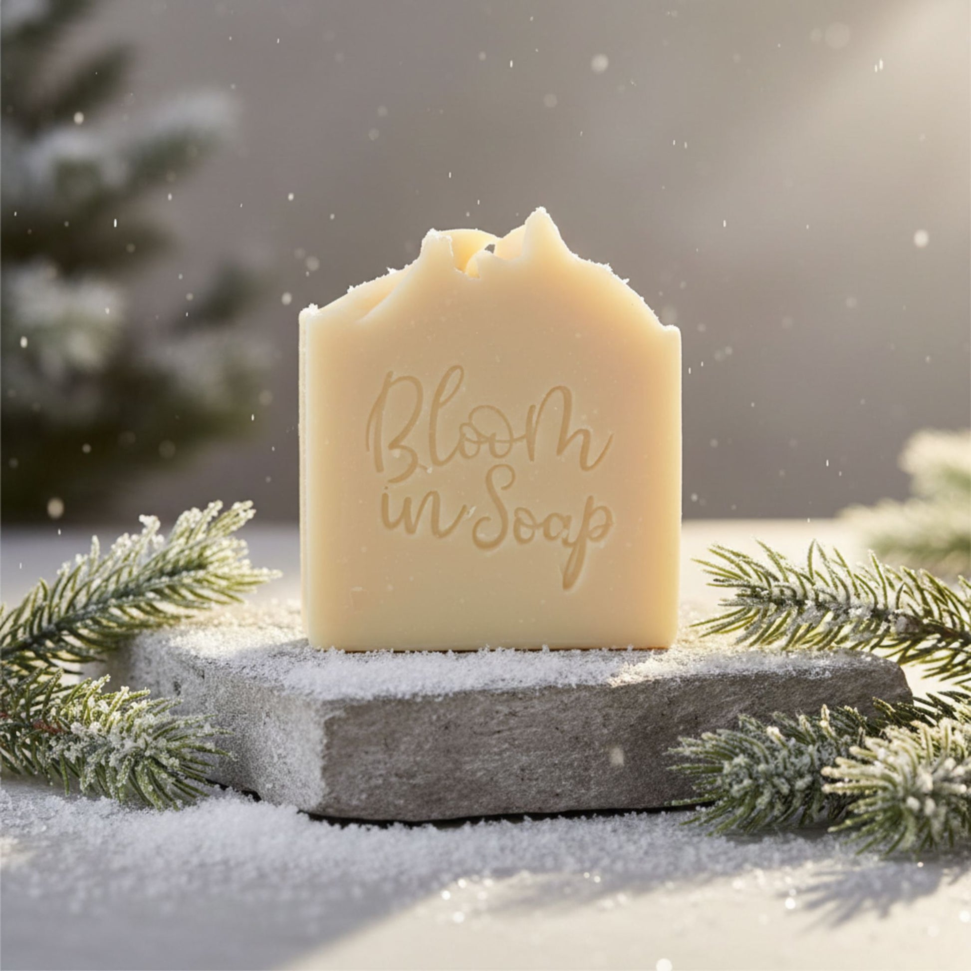 Bar of soap with 'Bloom in Soap' text on a stone surface with snow and pine branches.