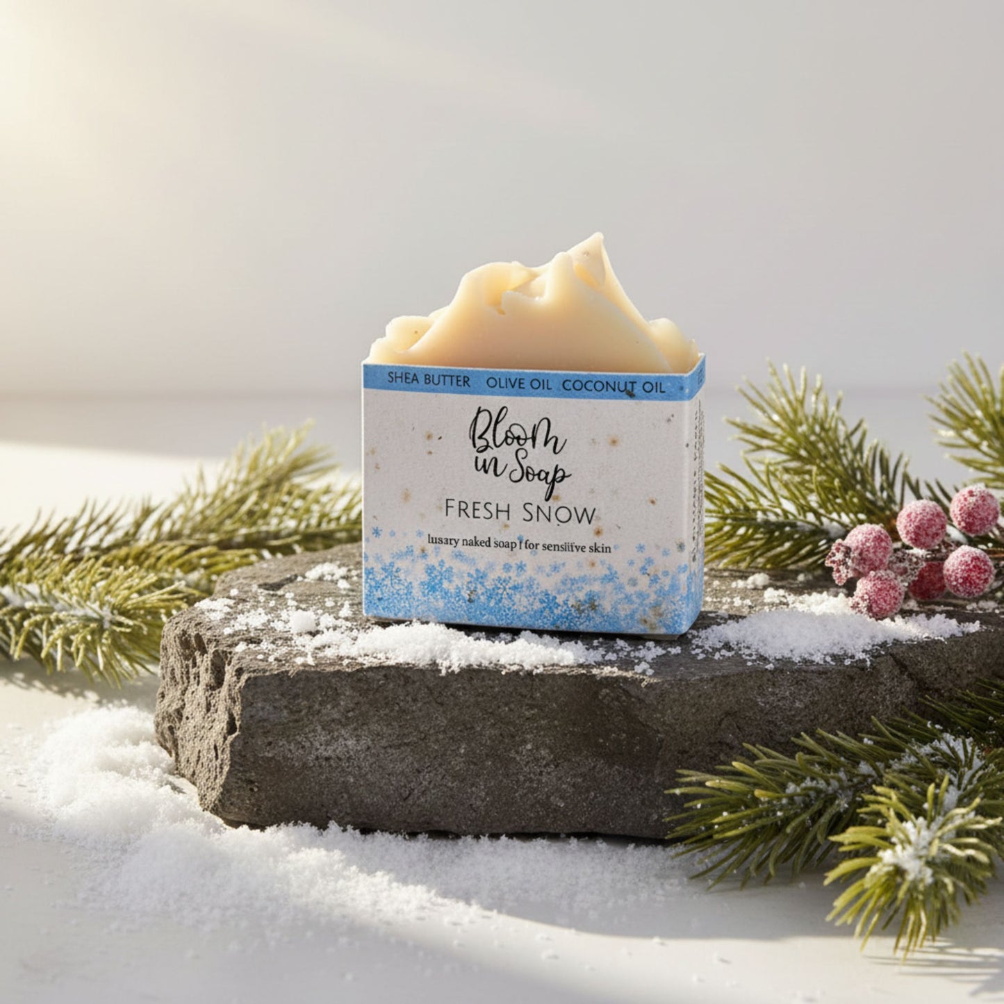 Bar of soap with a 'Fresh Snow' label on a snowy background