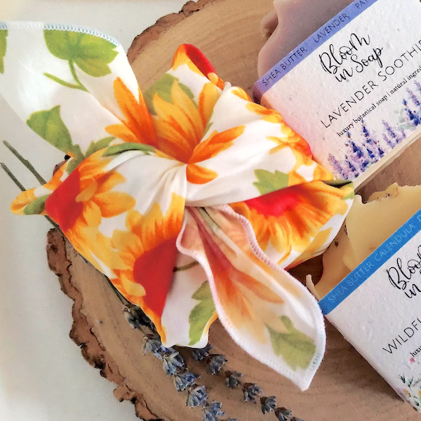 Furoshiki fabric gift wrap with natural soap bars