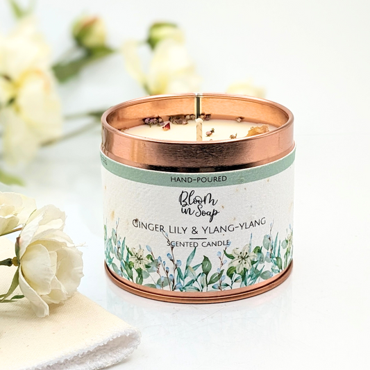 Ginger Lily and Ylang ylang candle in a tin from Bloom In Soap