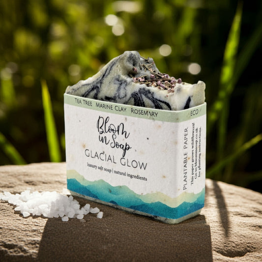 Bar of soap with a visible label on a natural background