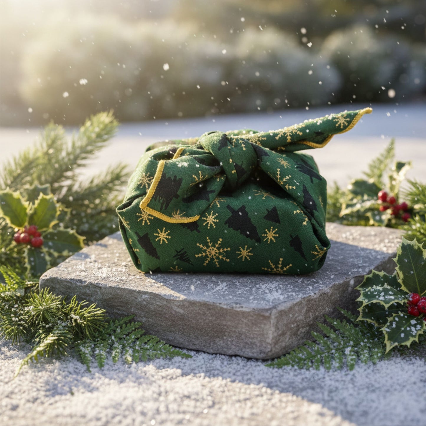 Green patterned fabric wrapped gift on a stone surface with holly and snowfall