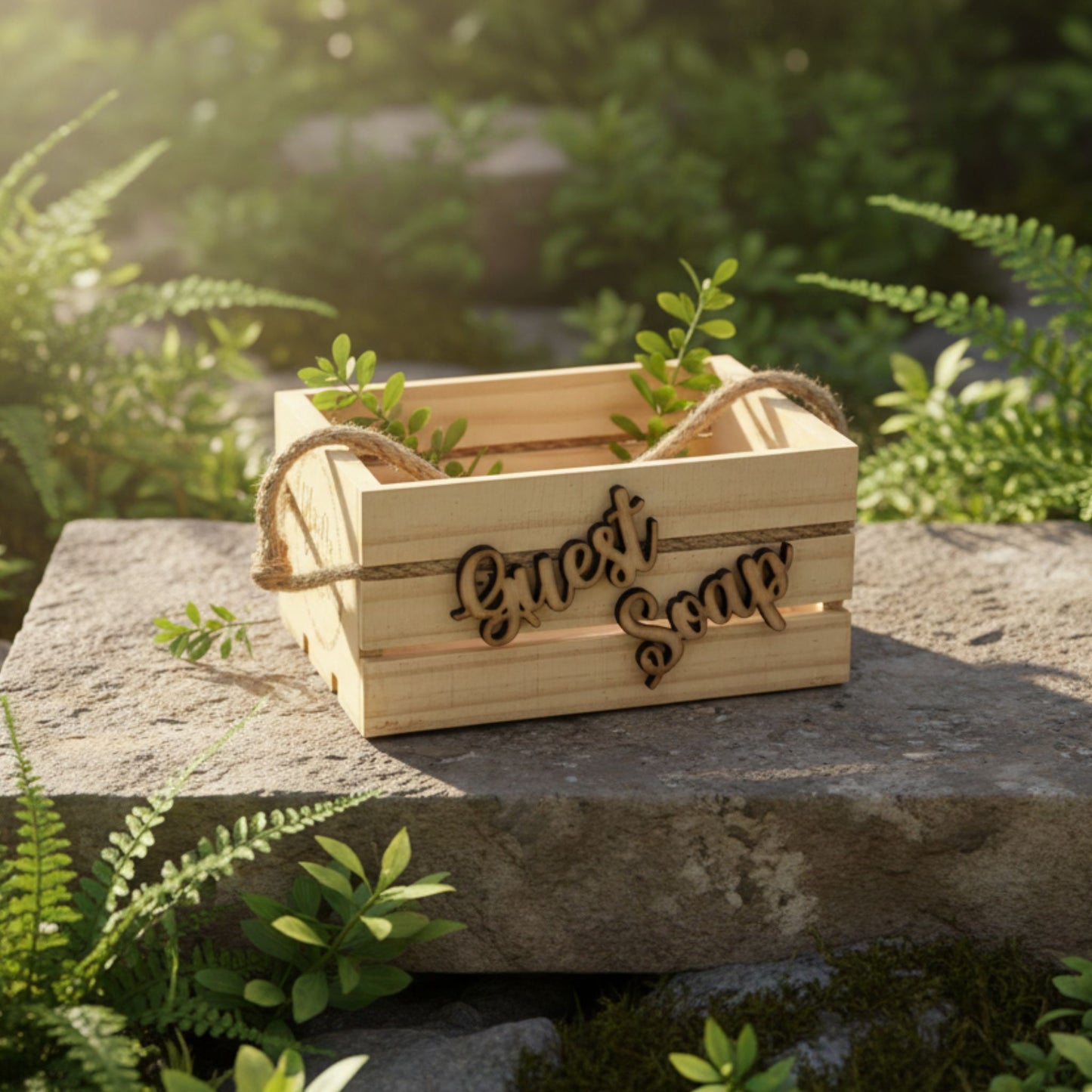 Wooden crate with 'Guest soap' engraving on a stone surface with greenery in the background