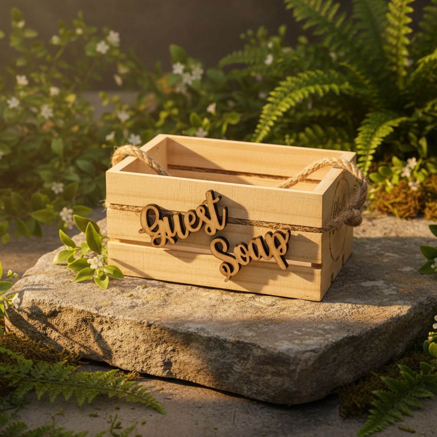 Wooden box labeled 'Guest Soap' on a stone surface with greenery in the background