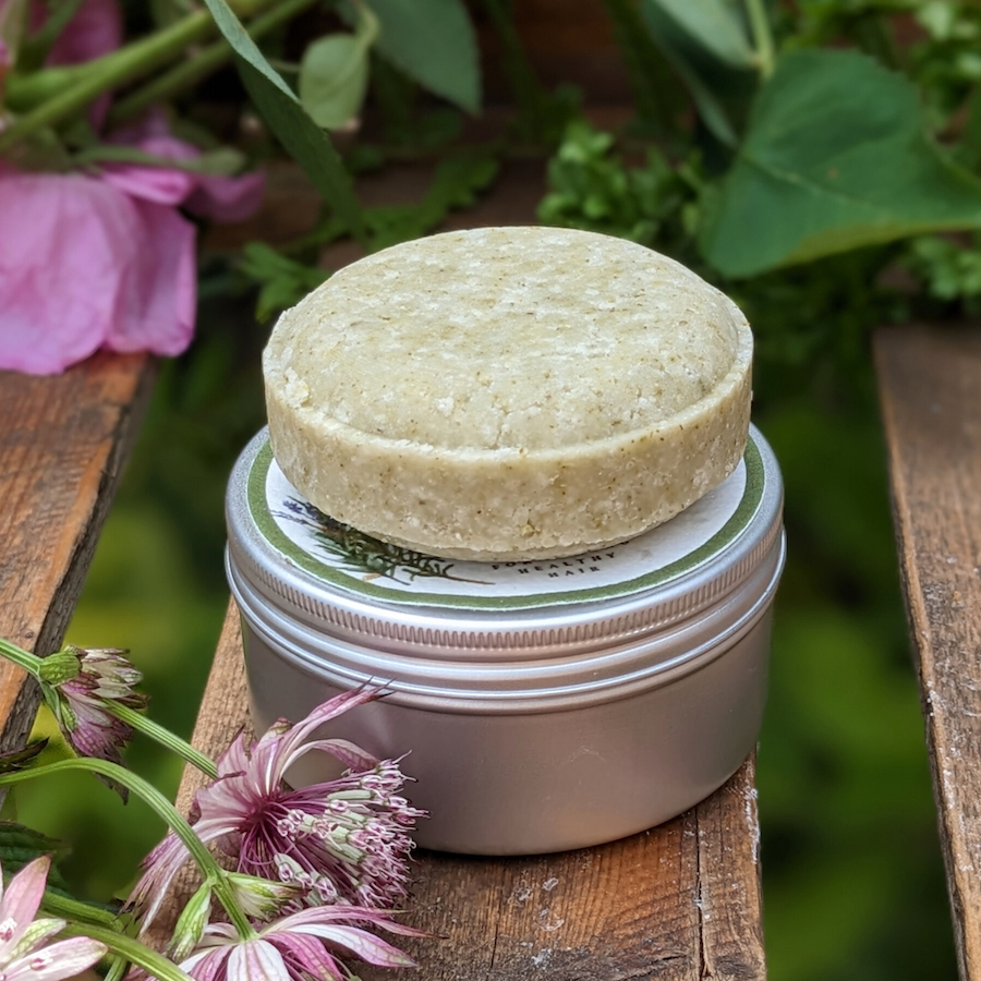 Herbal Boost solid shampoo in aluminium tin