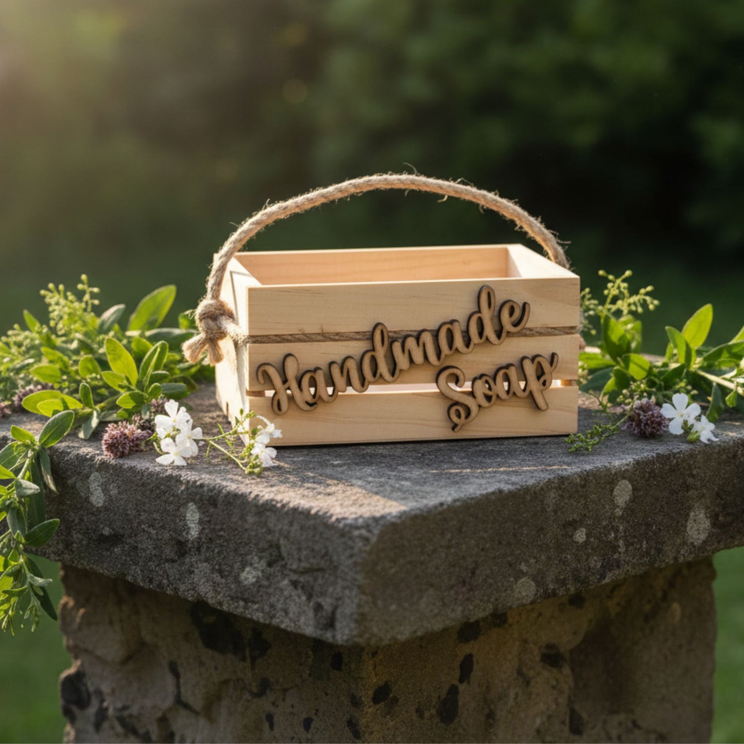 Wooden box with 'Handmade Soap' text on a stone surface with greenery