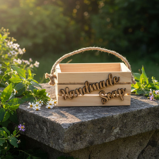 Wooden box with 'Handmade Soap' text on a stone surface with greenery in the background