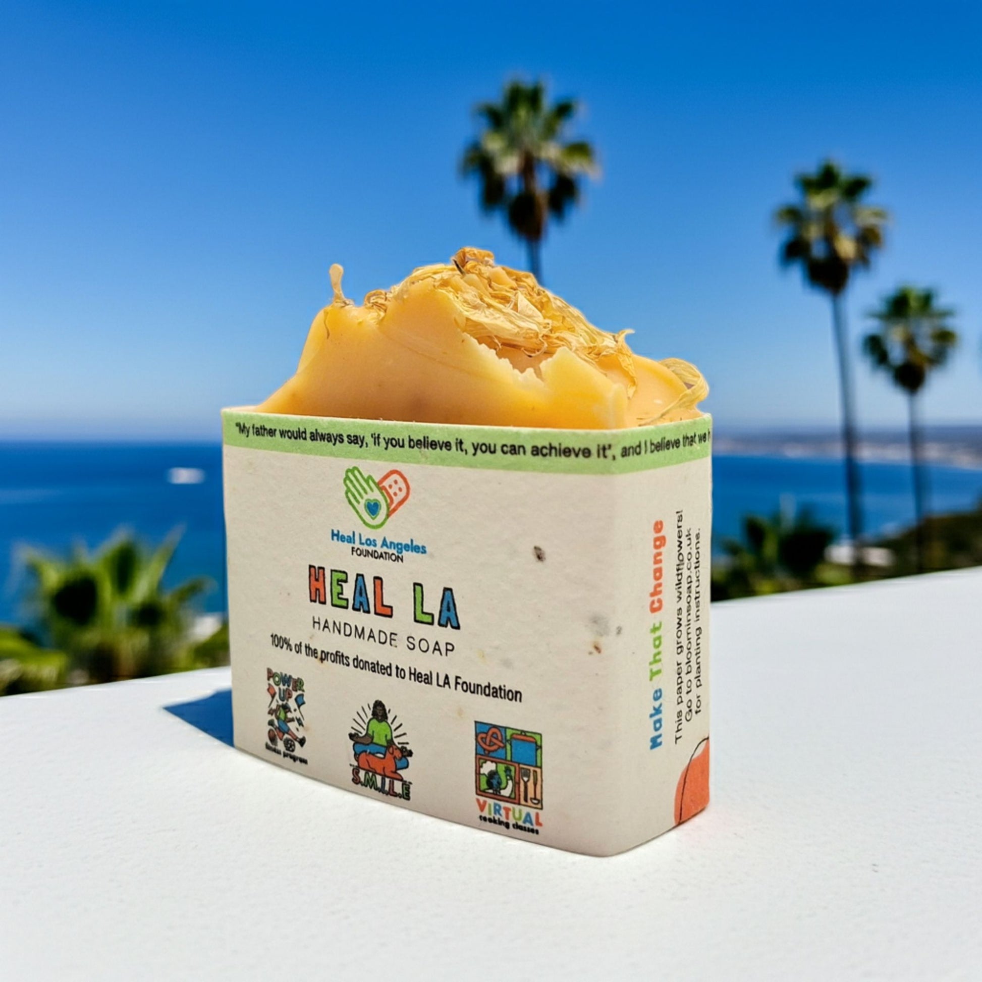 Heal LA handmade soap with palm trees and ocean in the background