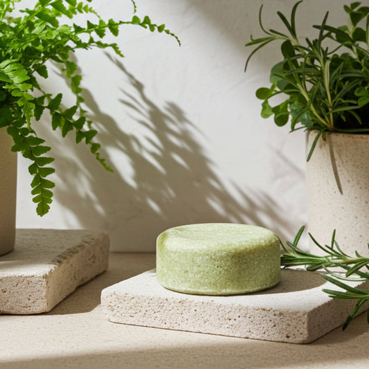 Green shampoo bar on a stone surface with plants in the background