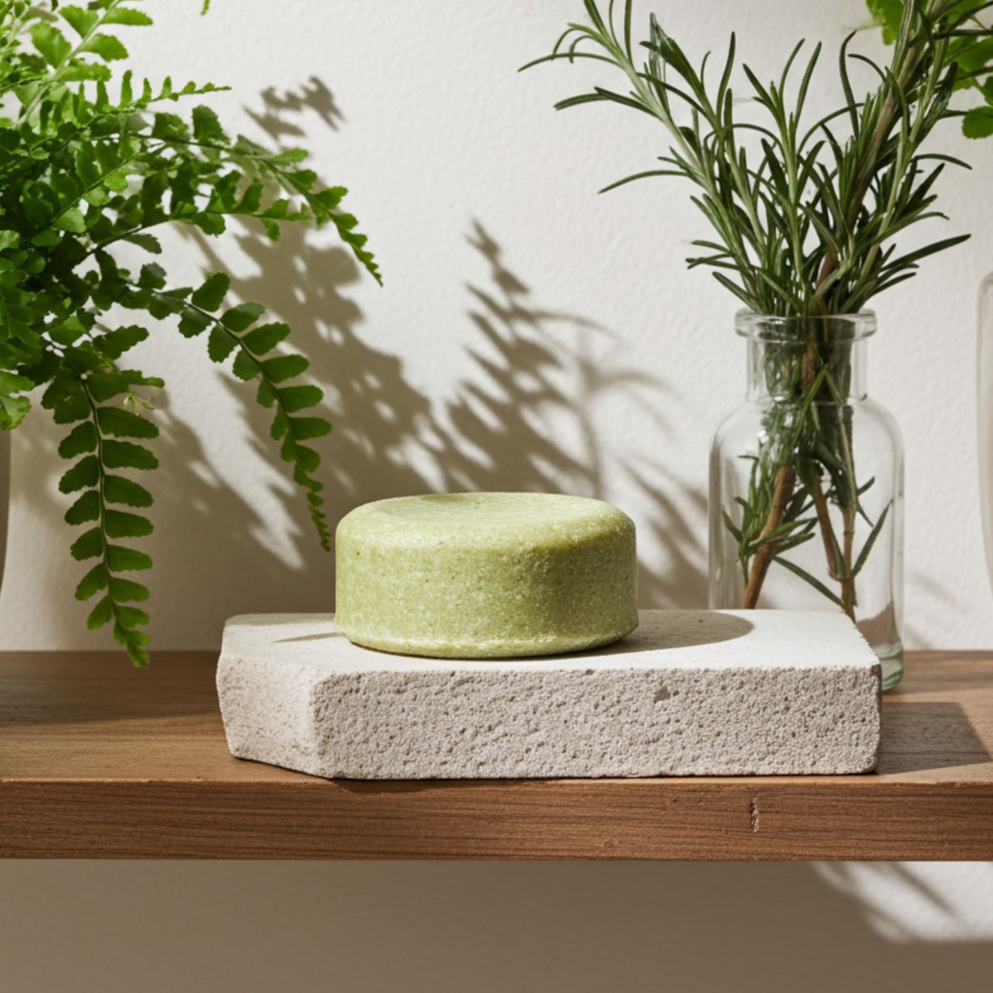 Green shampoo bar on a stone soap dish with plants in the background