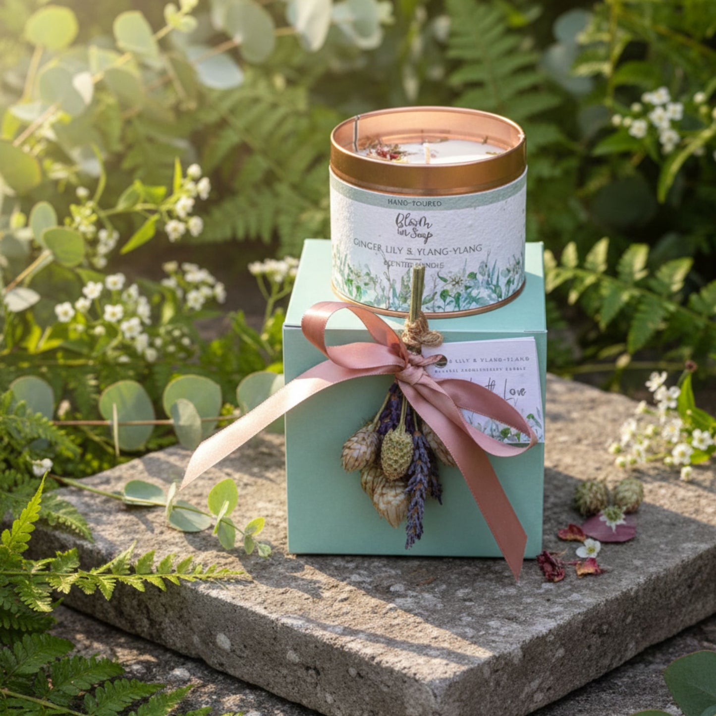 Candle in a decorative box with a pink ribbon on a stone surface with greenery in the background