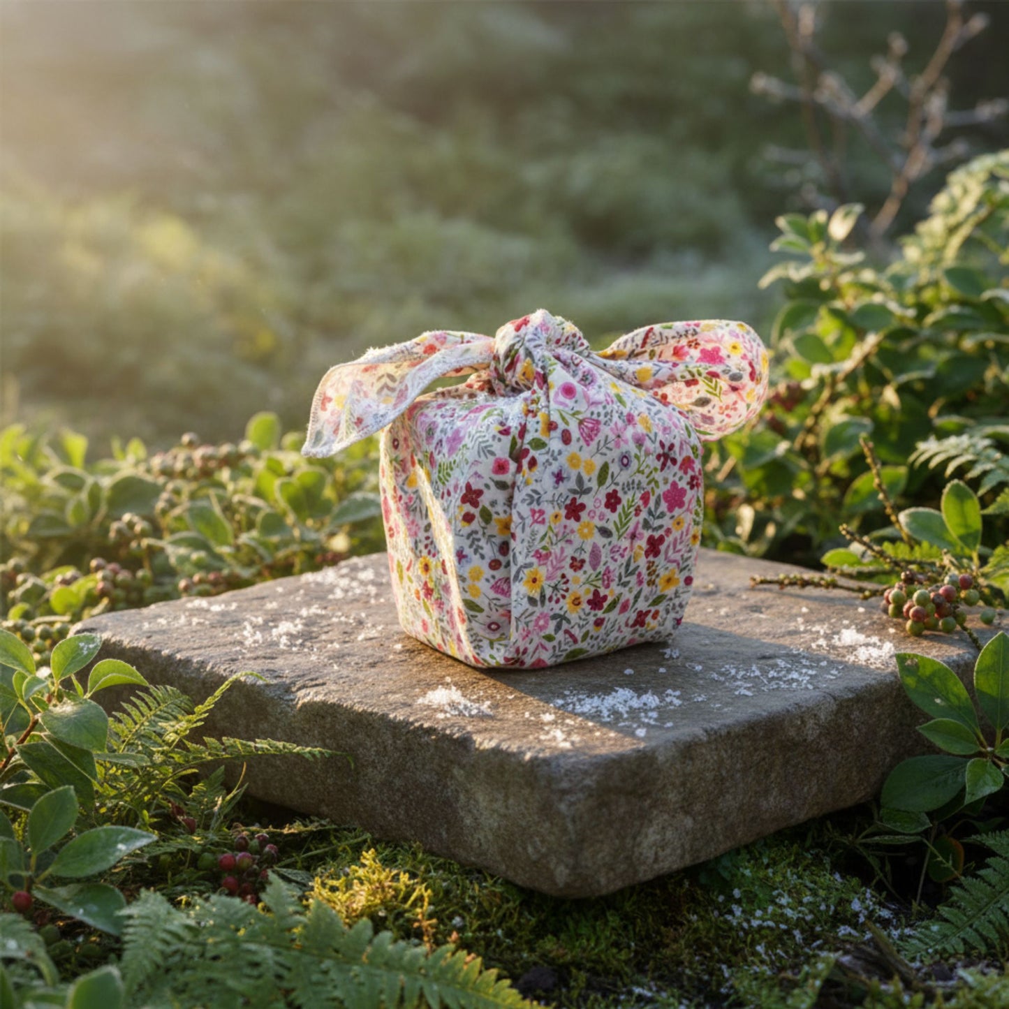 Floral-patterned fabric package tied with a ribbon on a stone surface surrounded by greenery.