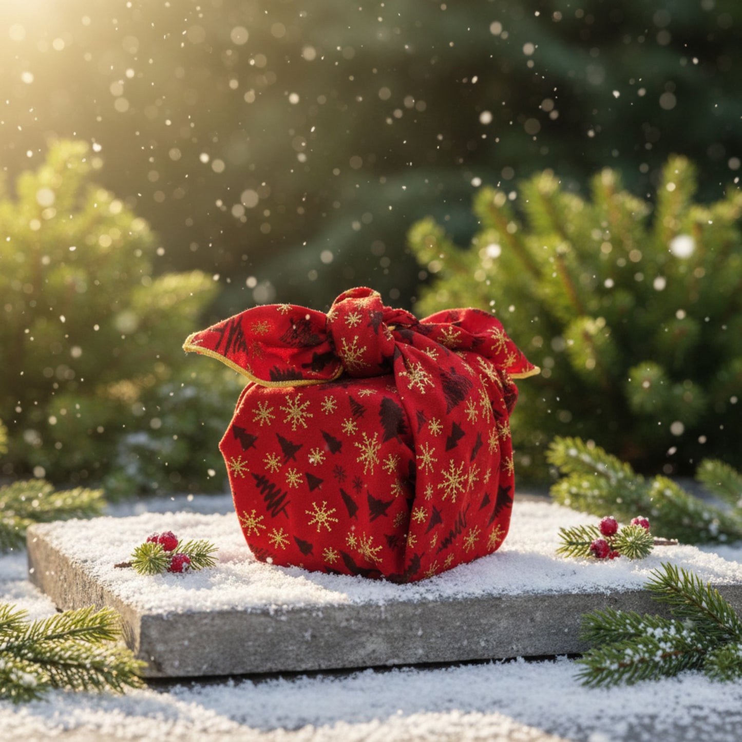 Red gift furoshiki with gold snowflake pattern and bow on a snowy surface with blurred greenery in the background