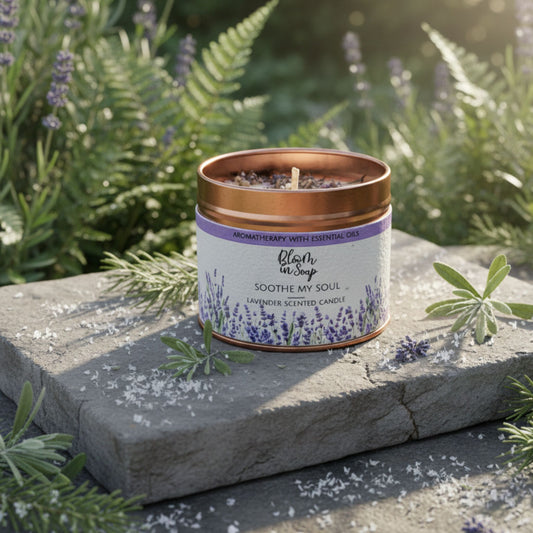 Lavender scented candle on a stone surface with lavender plants in the background