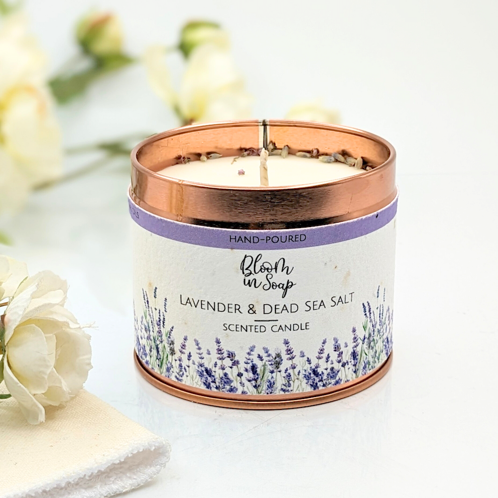 Lavender aromatherapy candle in a tin