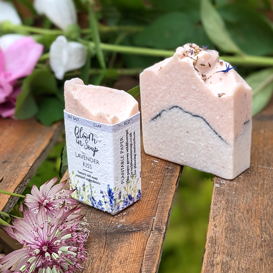 Lavender salt soap from Bloom in soap on a wooden tray