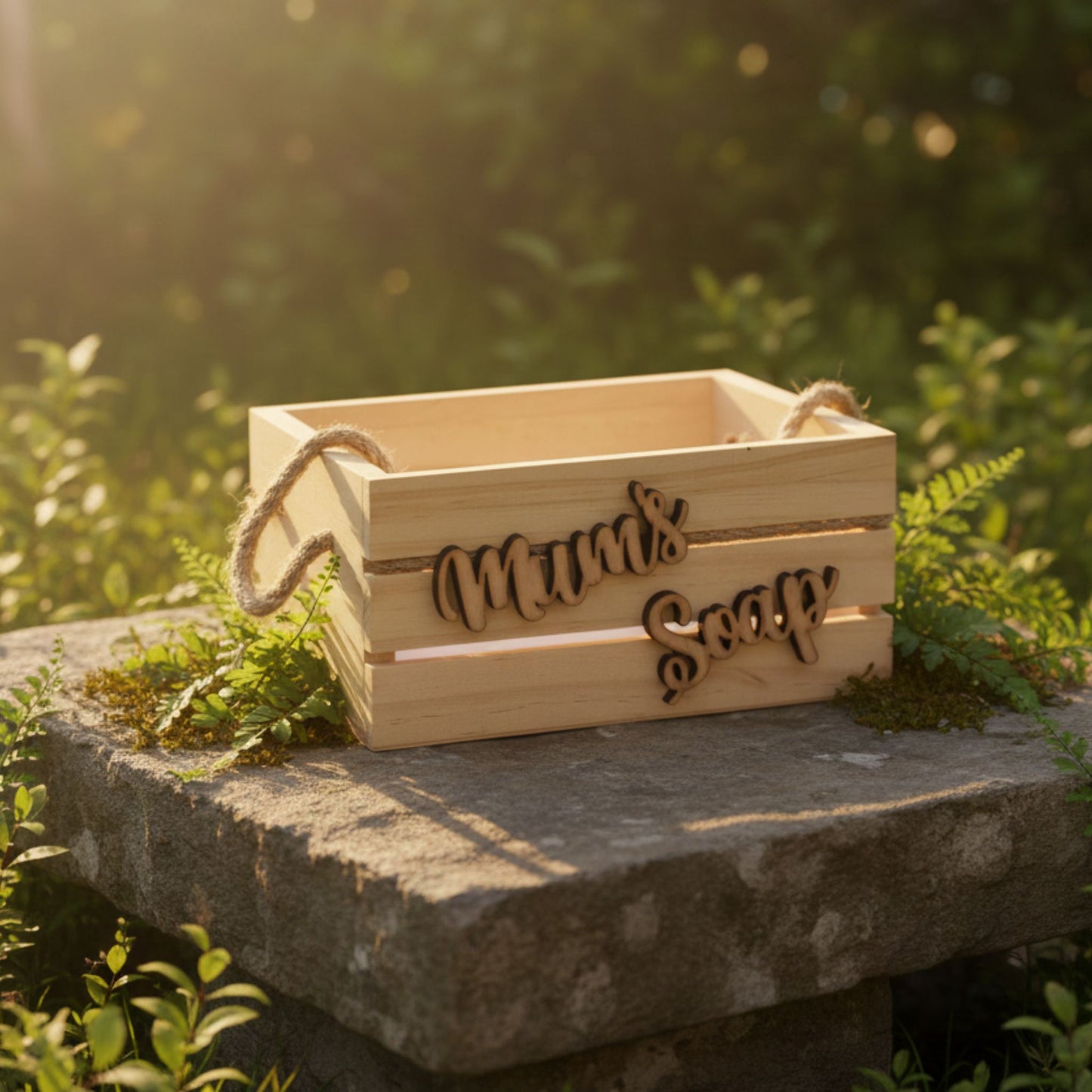 Wooden box with 'Mum's Soap' engraving on a stone surface with a natural background