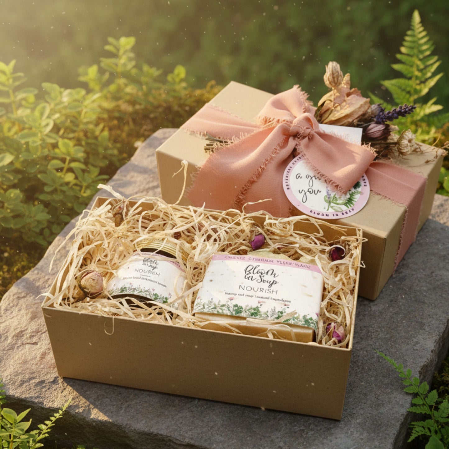 Gift box with hand cream and soap products on a stone surface with greenery in the background