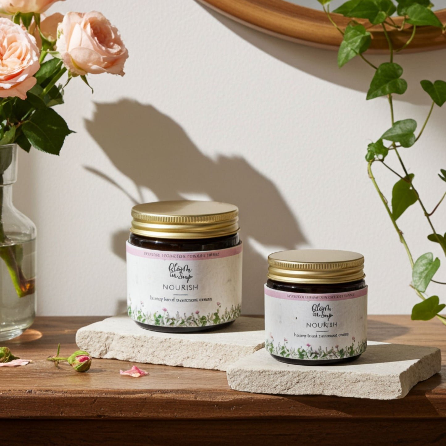 Two jars labeled 'Nourish' on a wooden surface with flowers and greenery in the background.