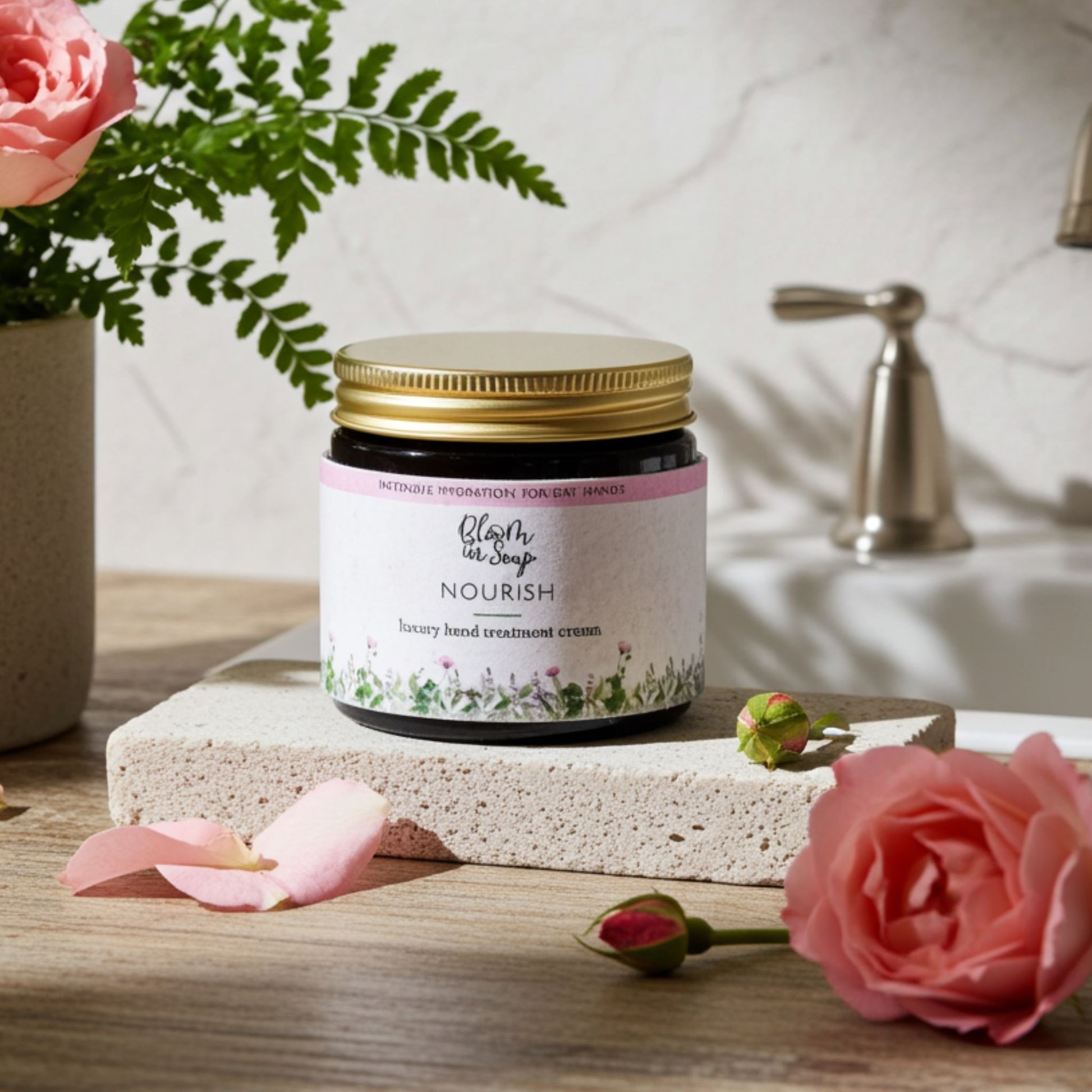 Jar of cream labeled 'Nourish' on a bathroom counter with flowers and a faucet in the background.
