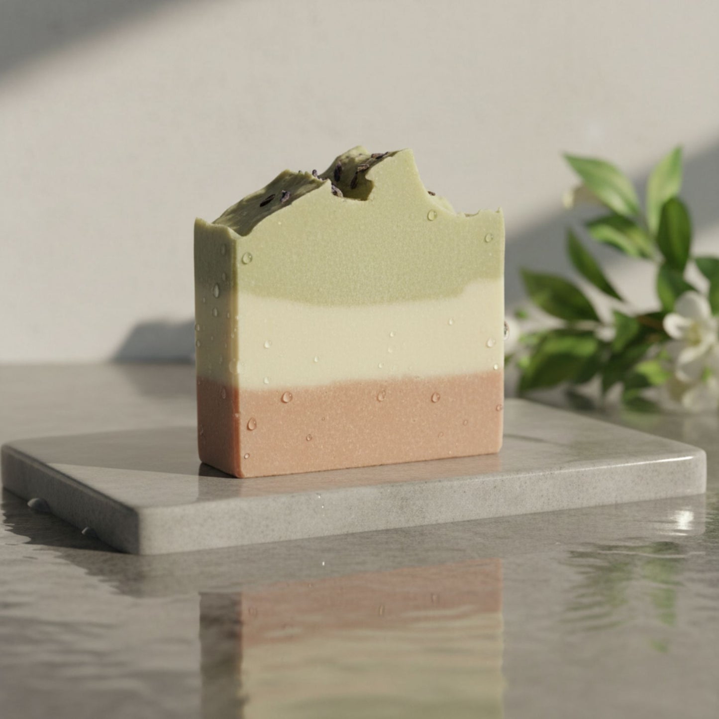 Layered soap bar on a reflective surface with a blurred natural background