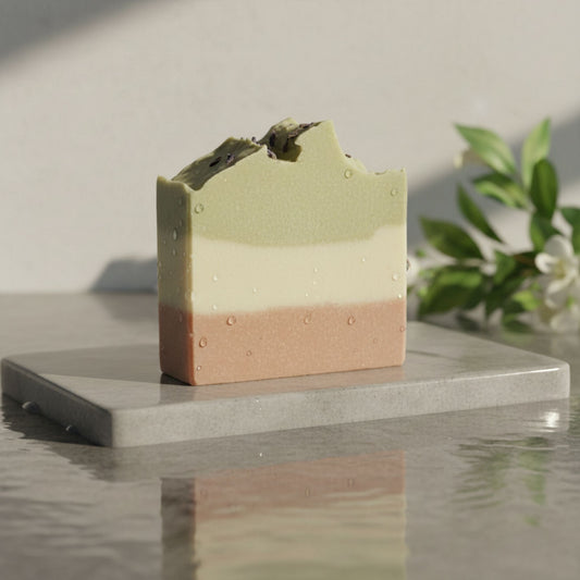 Layered soap bar on a reflective surface with a blurred natural background
