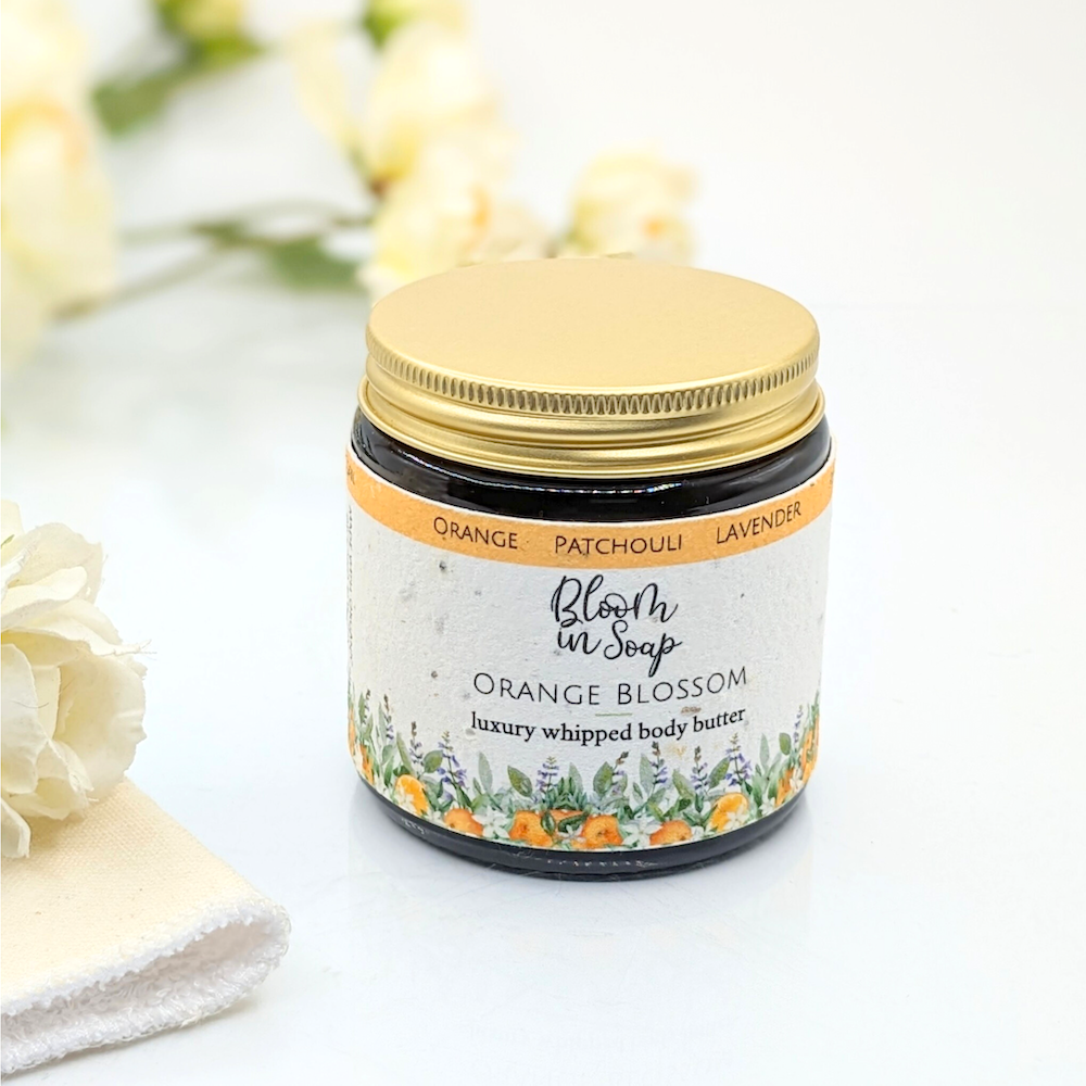 Orange Blossom scented body butter in a jar from Bloom In Soap