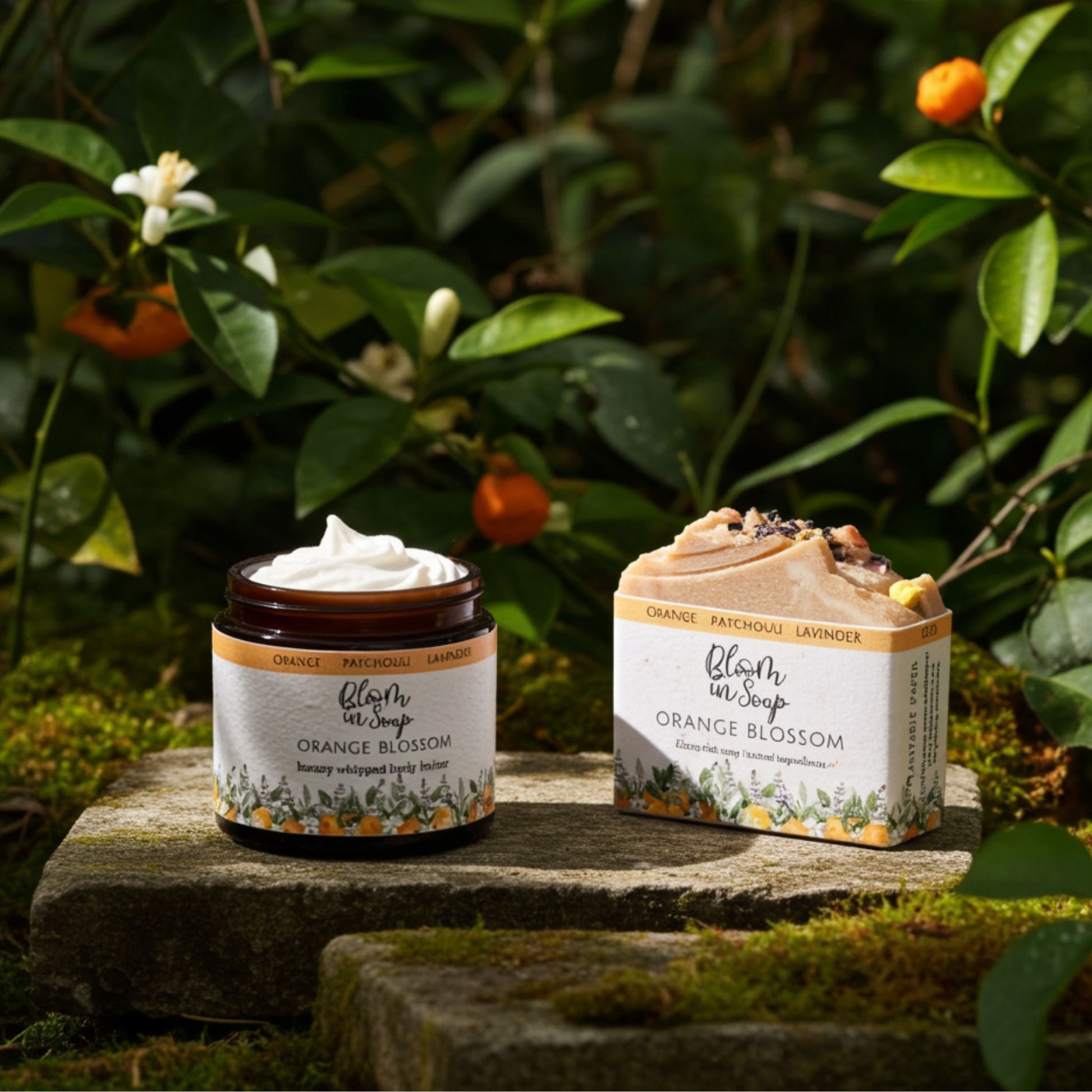 Two 'Bloom in Soap' products on a stone surface with a natural background