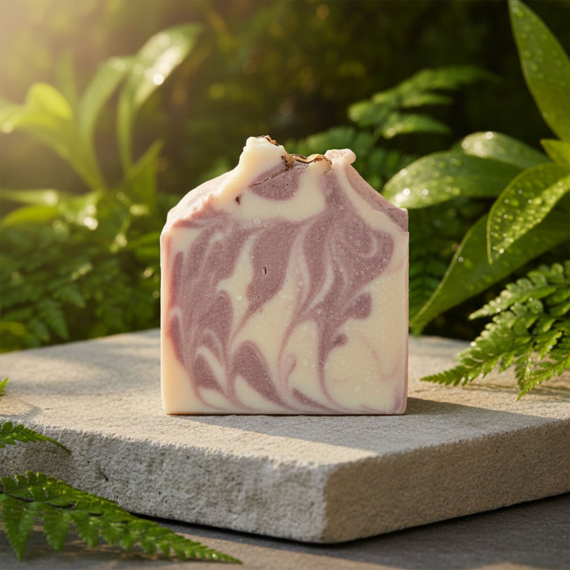 Marbled soap bar on a stone surface with green foliage in the background