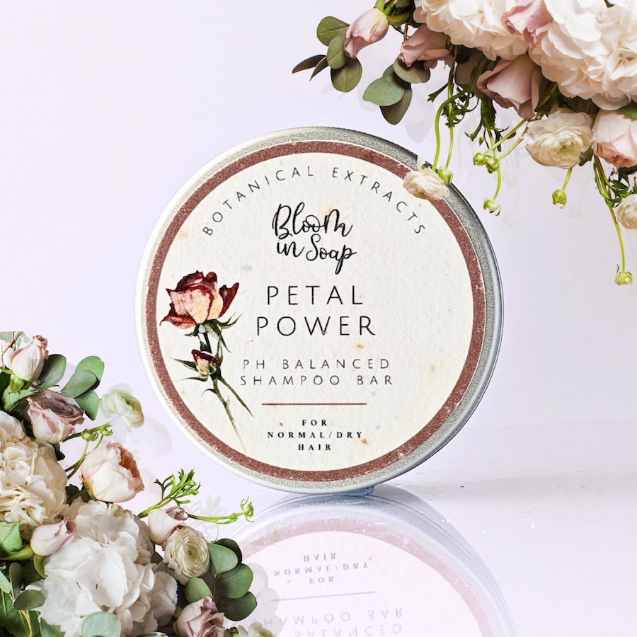 Petal Power solid shampoo bar with rose geranium and ylang-ylang flowers