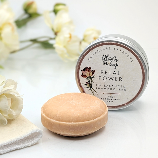Petal Power solid pink shampoo bar in a tin from Bloom In Soap