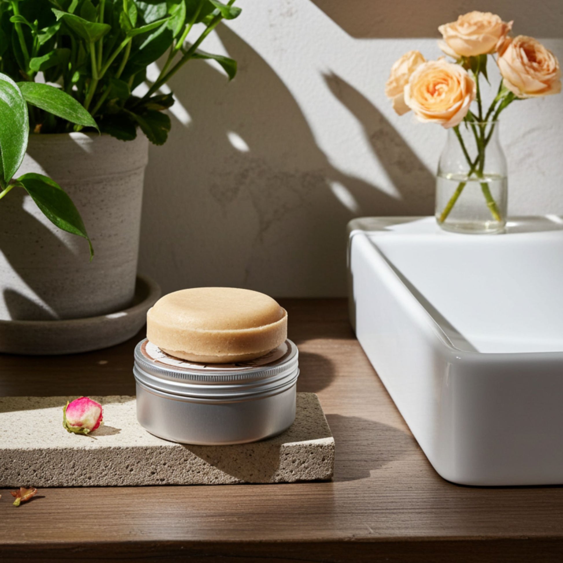 Bathroom setting with a soap on a stone tray, a plant, and a vase of flowers.