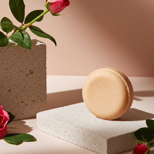 pink shampoo bar on a white block with pink roses and a stone vase in the background