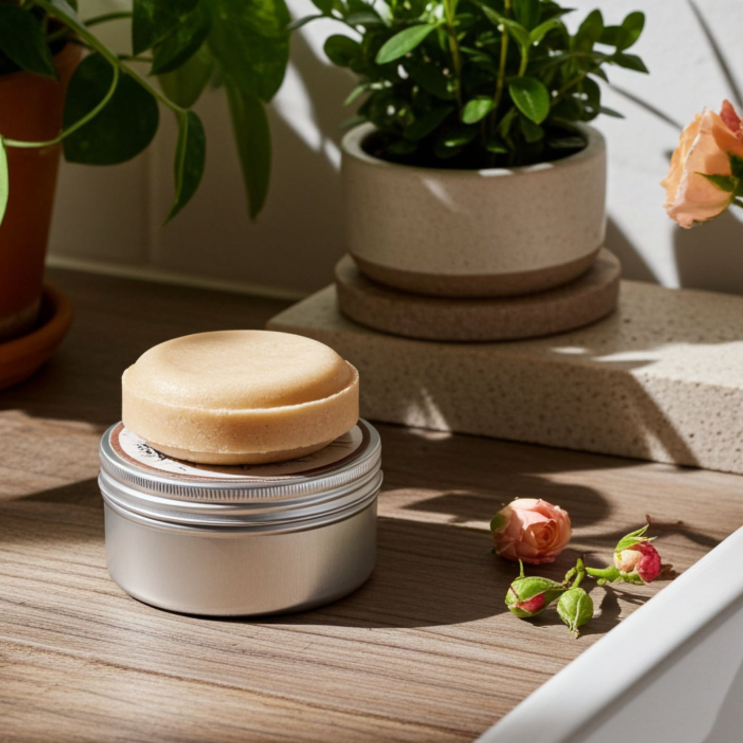 Bar of shampoo in a metal container on a wooden surface with plants and flowers in the background