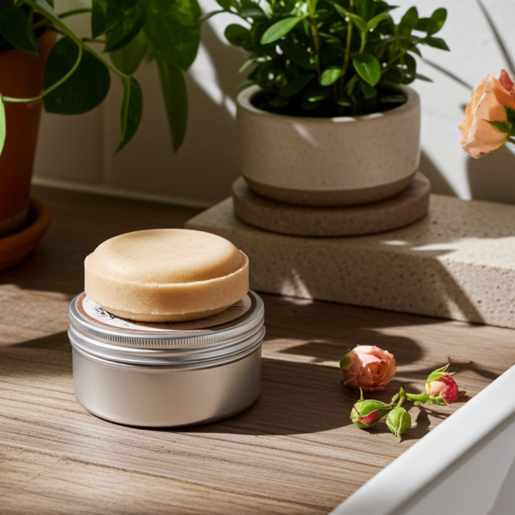 Bar of shampoo in a metal container on a wooden surface with plants and flowers in the background