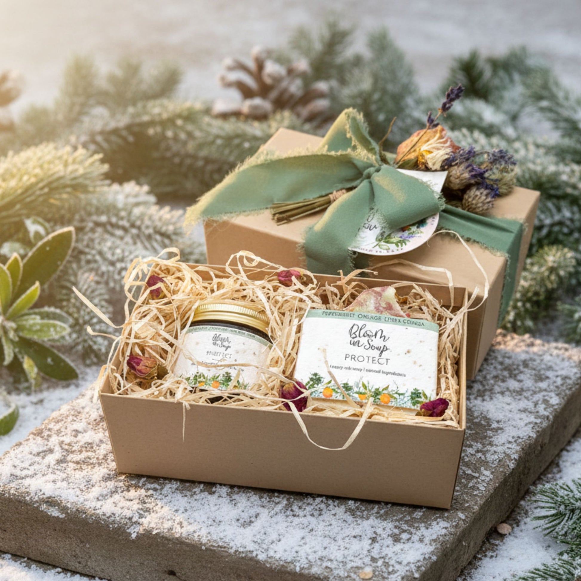 soap and hand cream in a luxury gift box with greenery in the background