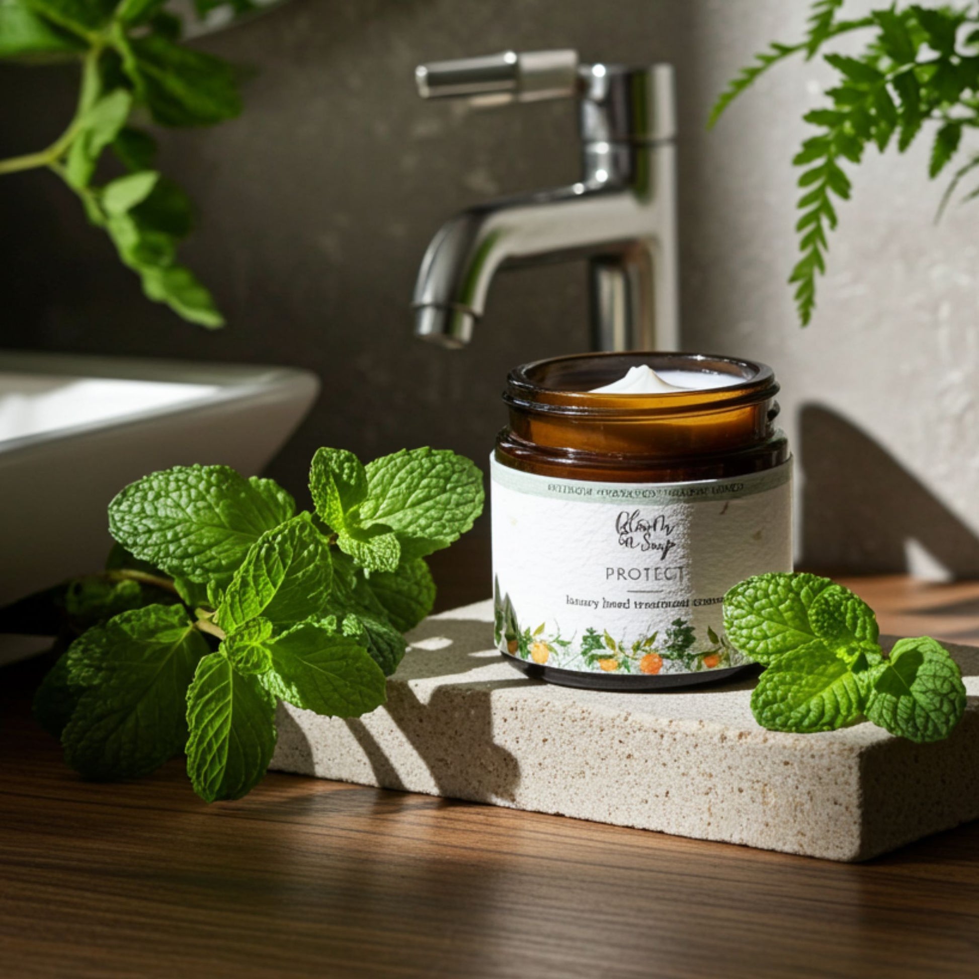 Jar of hand cream with a label on a bathroom counter with plants and a faucet in the background