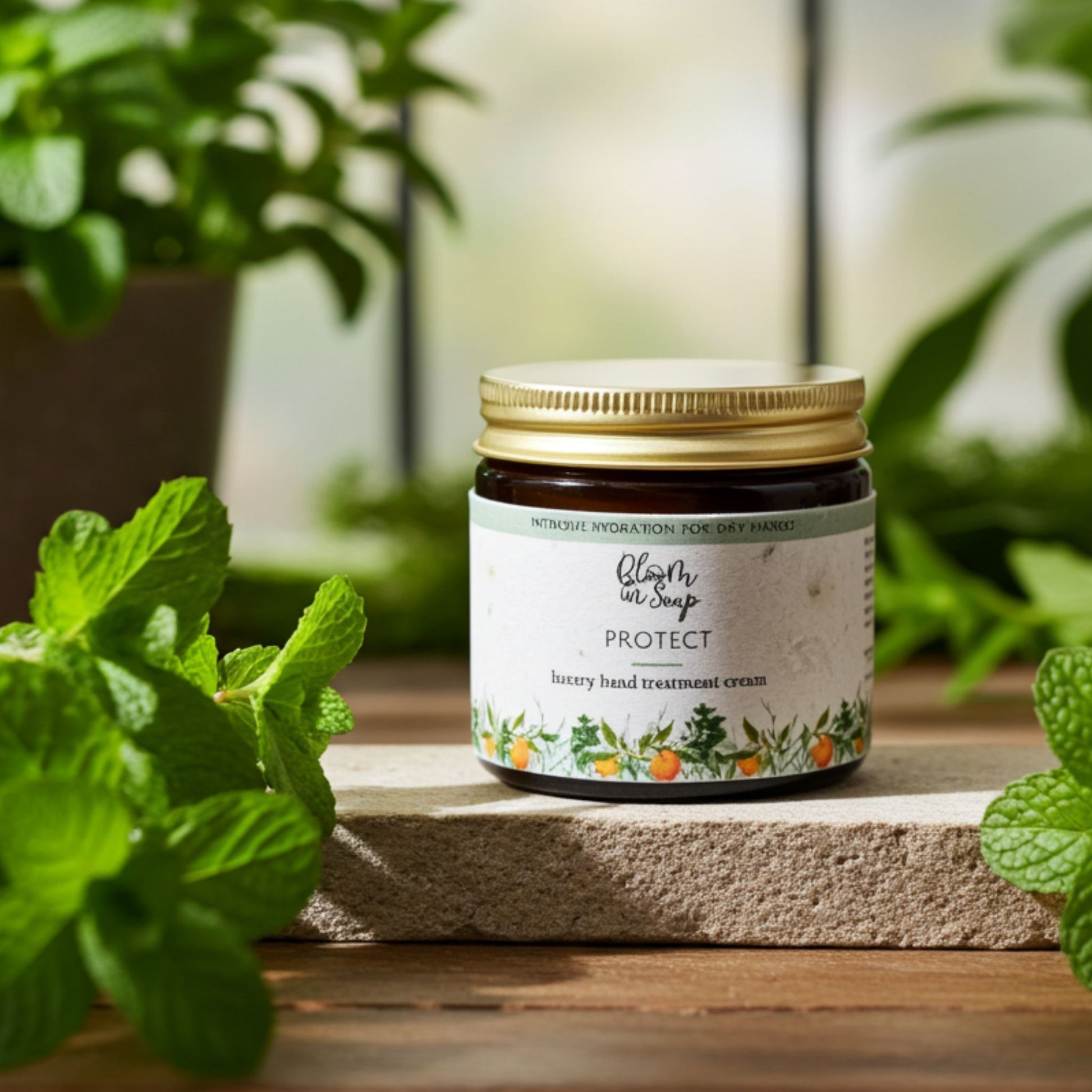 Jar of hand treatment cream with a natural label on a wooden surface surrounded by greenery
