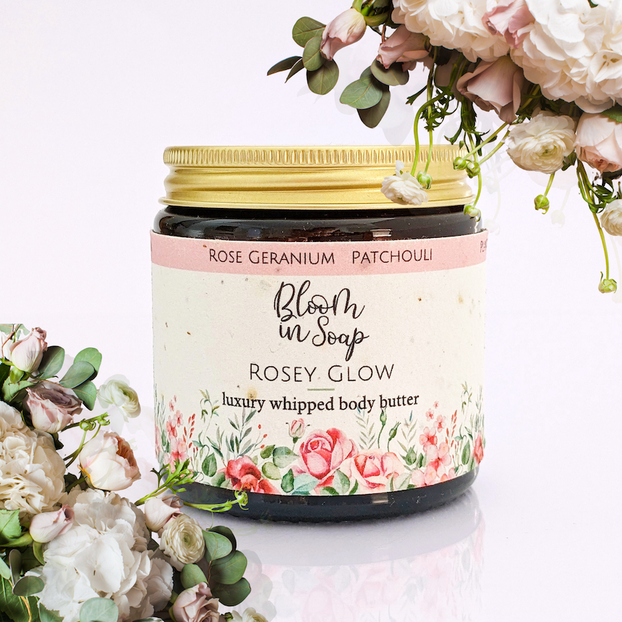 Rosey Glow luxury whipped body butter in a jar with roses
