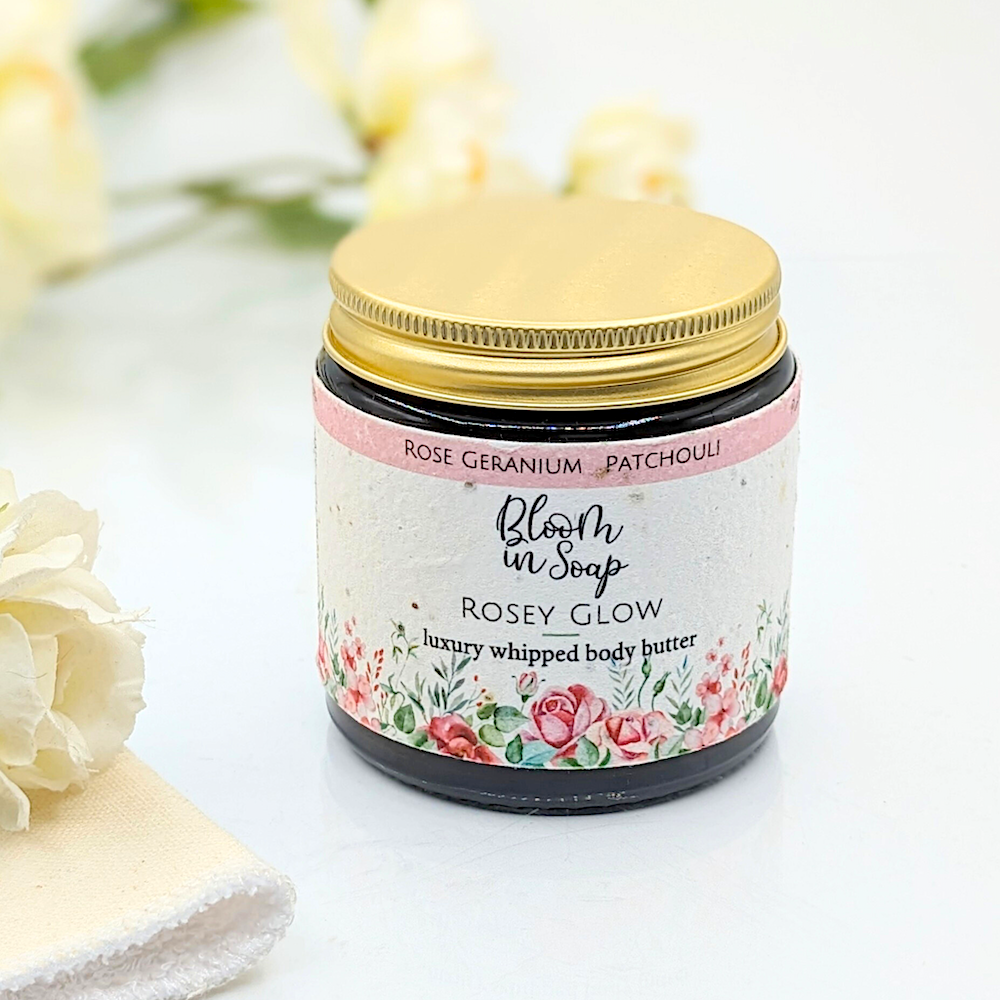 Rosey Glow rose scented body butter in a jar from Bloom In Soap