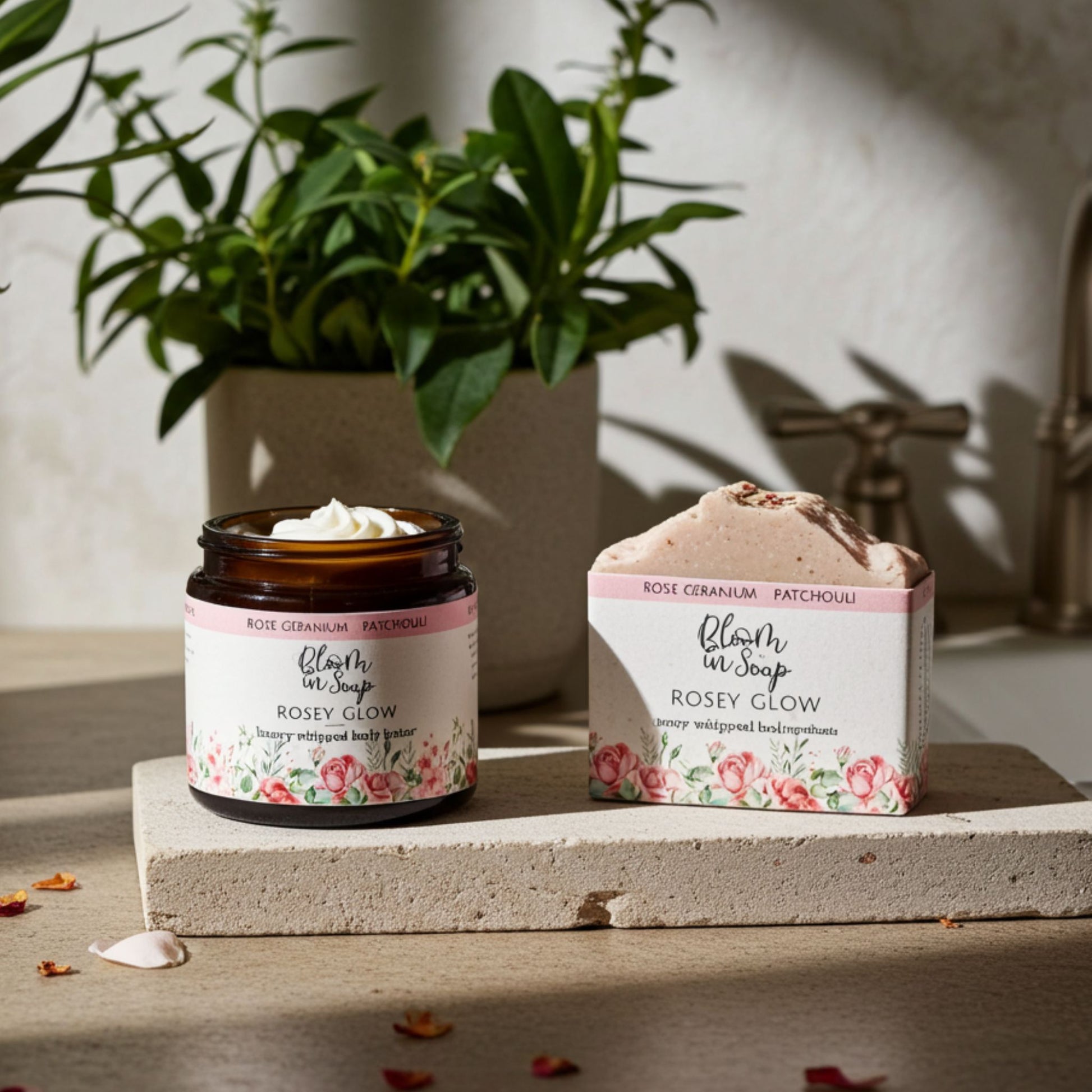 Two skincare products on a stone surface with a plant in the background
