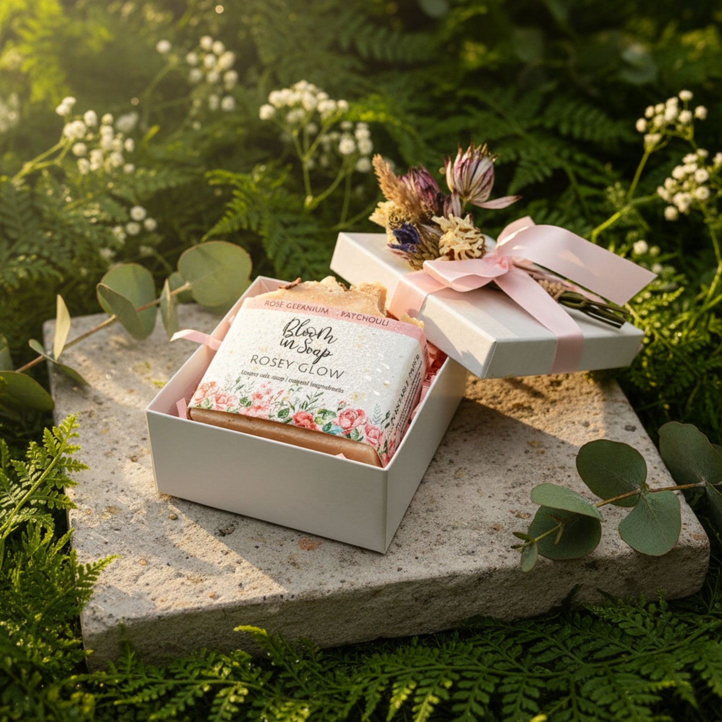 Gift set with soap and flowers in a box on a stone surface surrounded by greenery