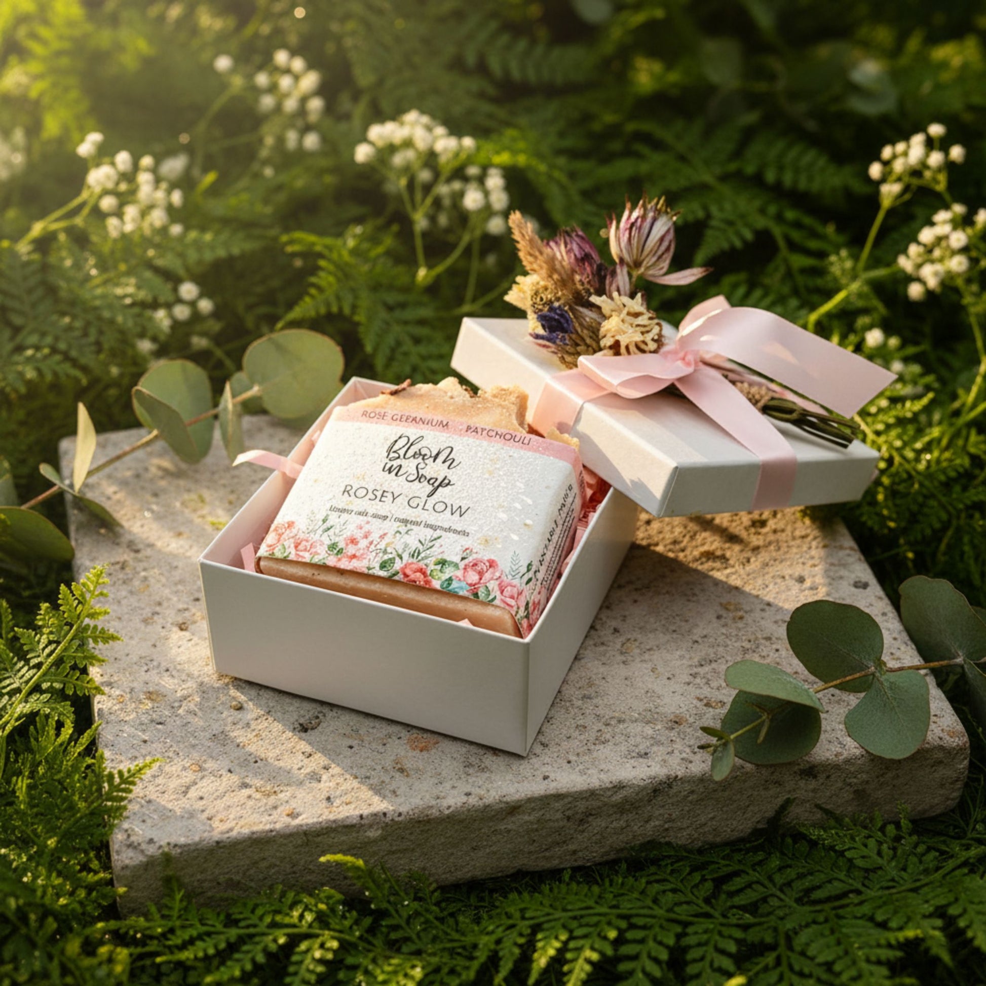 Gift set with soap and flowers in a box on a stone surface surrounded by greenery