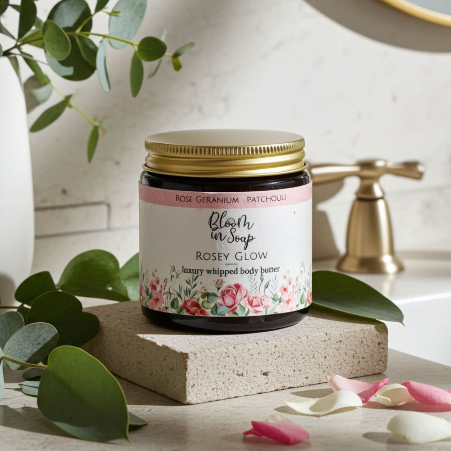 Rosey Glow whipped body butter in bathroom setting