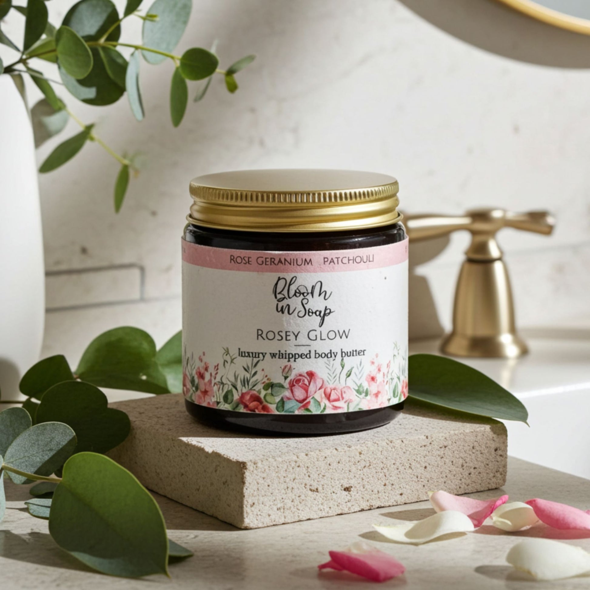 Rosey Glow whipped body butter in bathroom setting