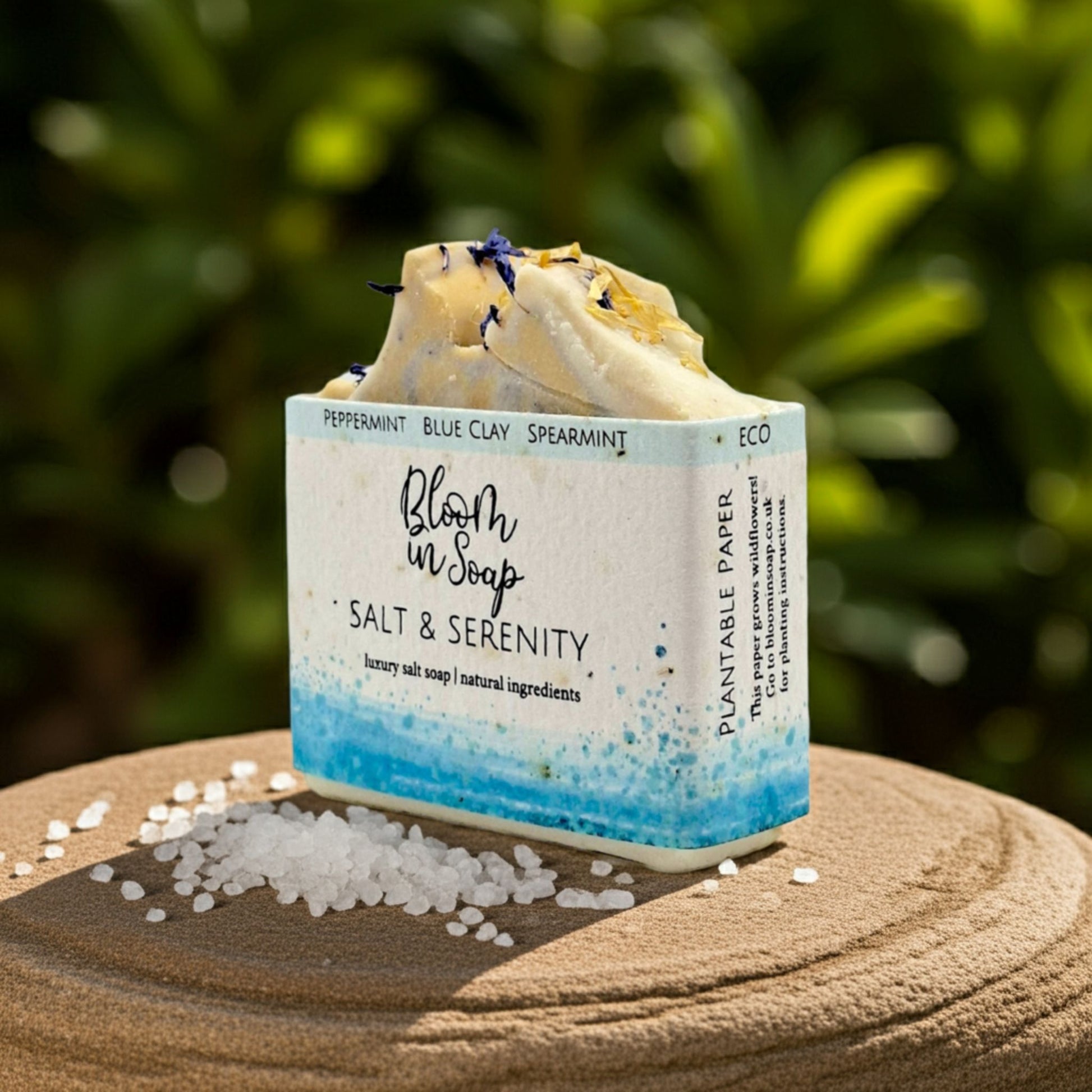 Bar of soap with a visible label on a sandy surface with a blurred green background