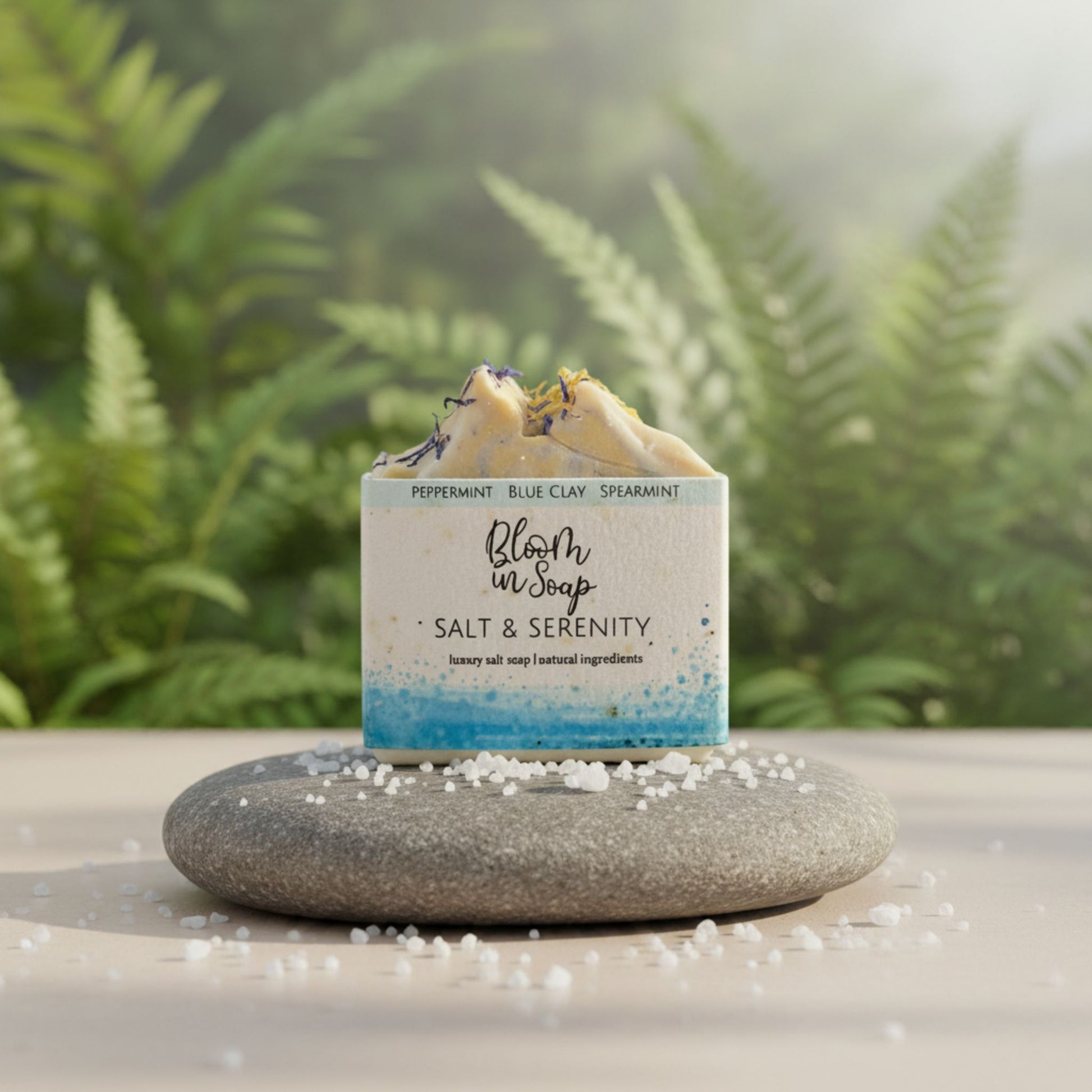 Bar of soap with a label on a stone surface with a natural background