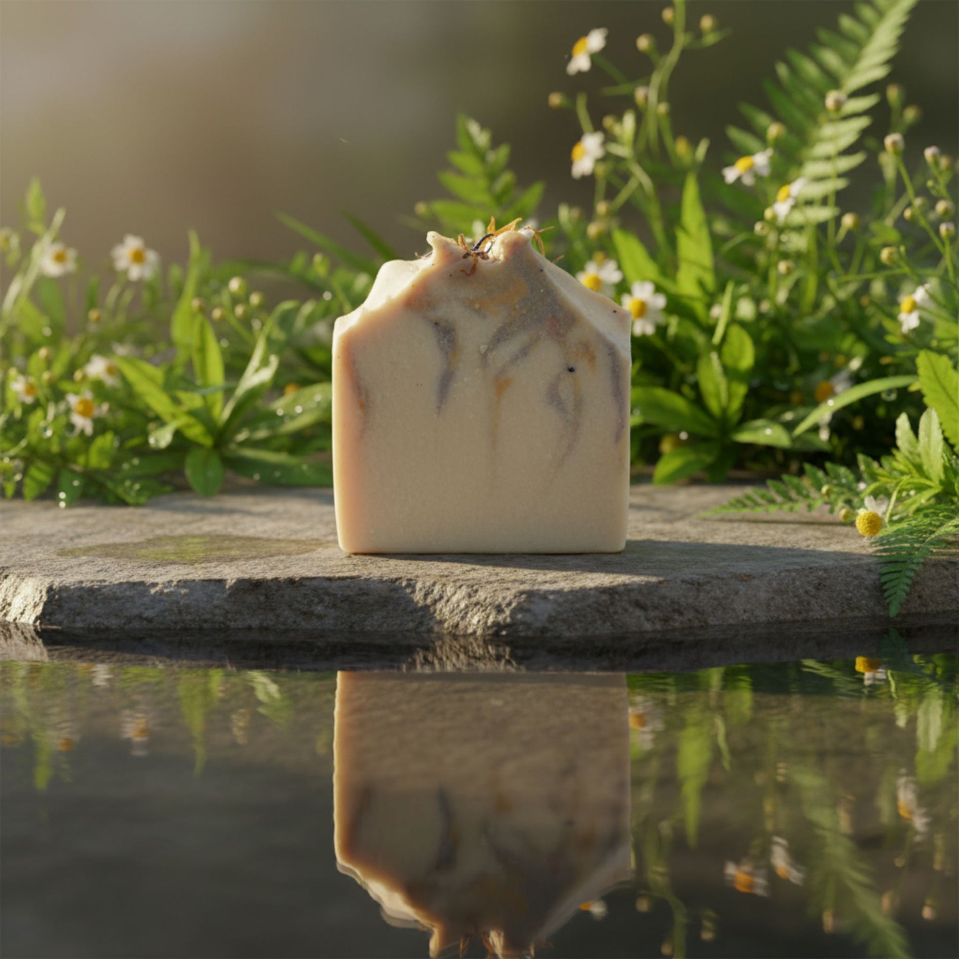 Bar of soap with a pretty design on a stone surface surrounded by greenery and water.